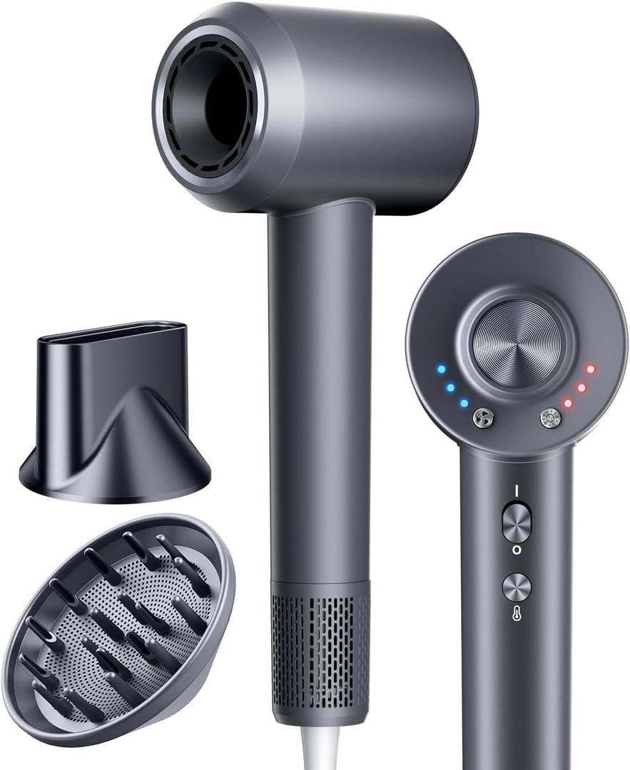 Hair Dryer with Diffuser, Blow Dryer with 160000 RPM Brushless Motor & Negative Ions for Fast Drying, Advanced Heat Control to Prevent Damage, Low-Noise Design, Self-Clean, Gray