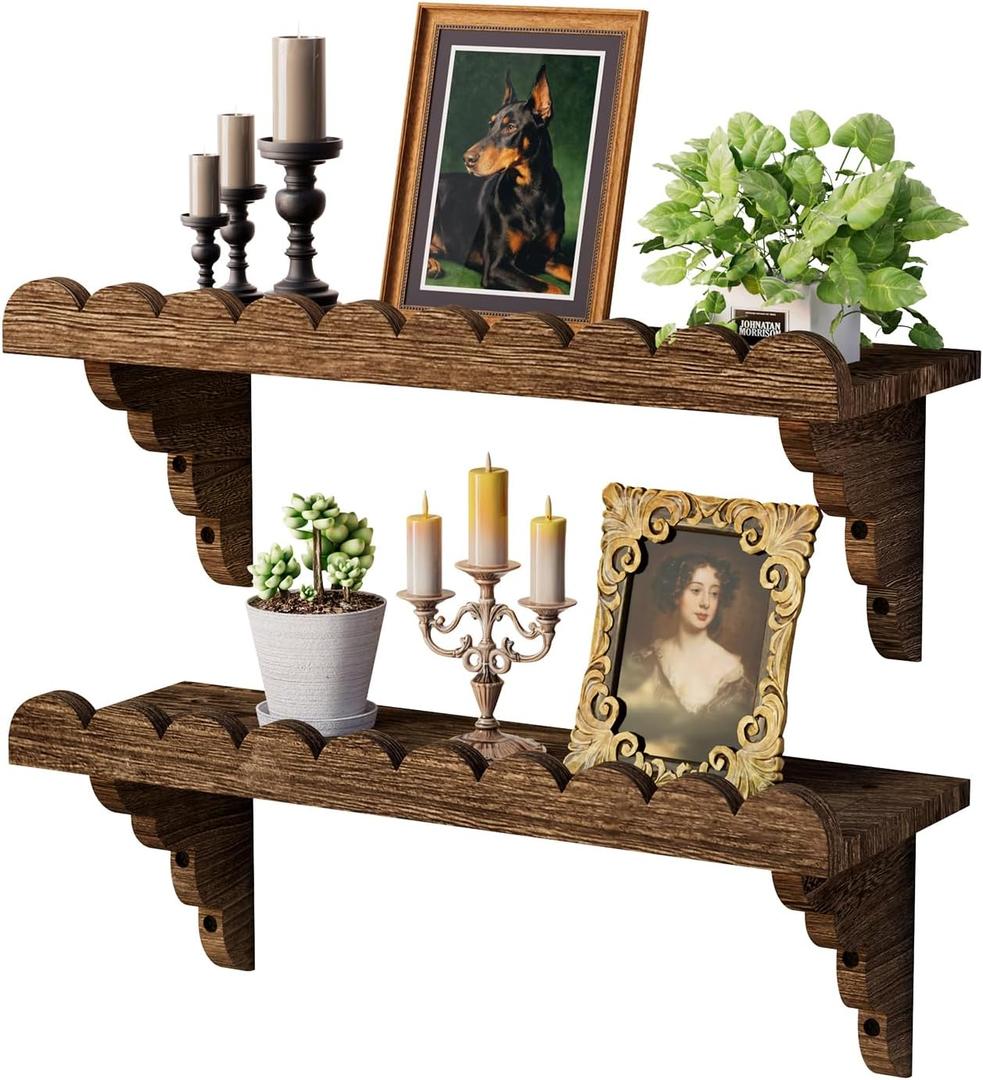 QsQueen Scalloped Wood Wall Shelf – 17 Inch Floating Shelf with Wood Brackets, Easy to Install Rustic Wall Shelf for Living Room, Bedroom, Bathroom, or Any Space, Brown
