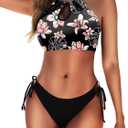 Women Two Piece Bathing Suit Color Block Swimsuit Floral Cutout Swimwear High Neck Halter Bikini Set (Large)