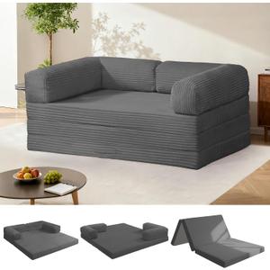 Tri-Fold Foldable Mattress, Convertible Folding Sofa Bed with Removable Arms & Washable Cover, All-in-One Portable Mattress Floor Sofa Bed, No Assembly Required & Non-Slip, Full Size, Grey
