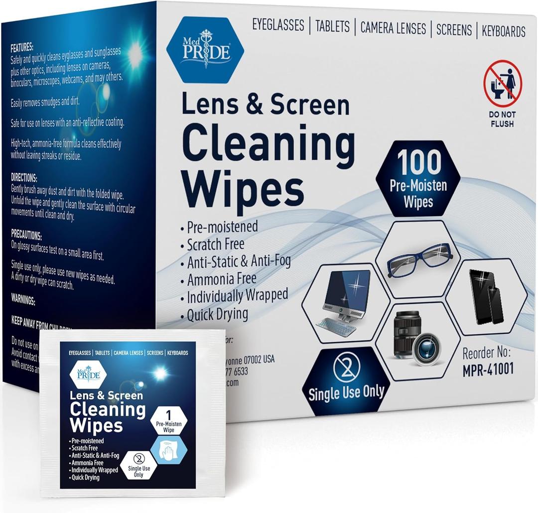 MED PRIDE Lens and Screen Cleaning Wipes for Eyeglasses, Touch Screens, Cameras, Anti-Fog, Scratch-, Anti-Static (100 100 Count (Pack of 1)