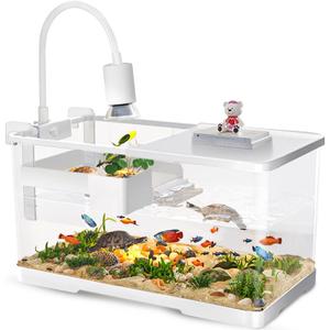(Tank + Light + Filter + Filter Balls) Turtle Tank Kit, Turtle Tank Starter Kit, Bottom Drainage, Multi-Function Areas for Turtles, Crabs, Fish, Amphibians, Reptiles. (15.75 x 8.64 x 8.64 inches)