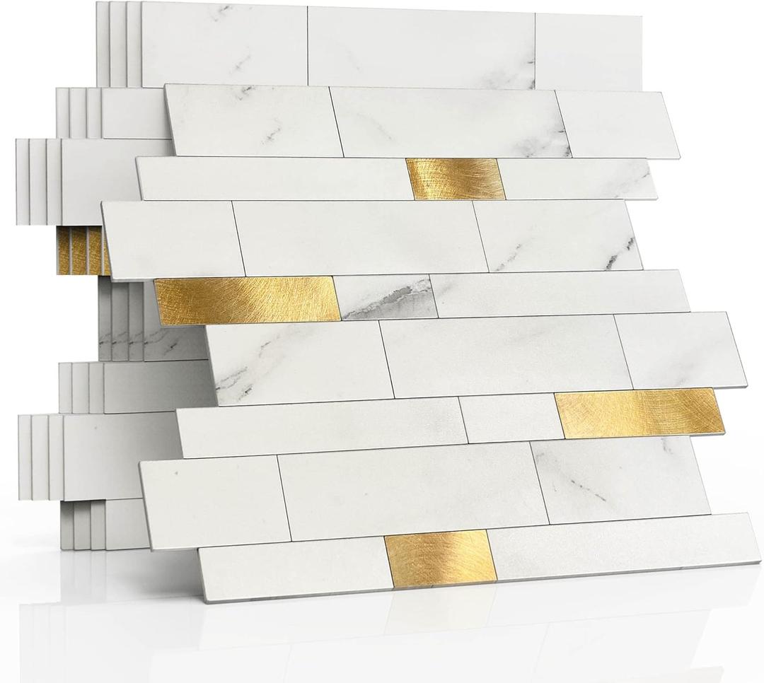 Backsplash Tile for Kitchen Peel and Stick Stone Matte Finish,Bathroom Tiles Stickers 3D Wall Panel Linear Mosaic Marble Backsplash Waterproof(10sheets,White Gold)
