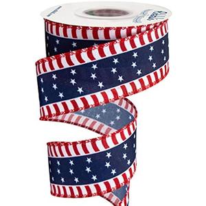 Ribbli Patriotic Ribbon, Stars and Stripes Wired, 1-1/2 Inch x 10 Yard, Red/White/Navy, Canvas for Bows, Wreaths, Trees