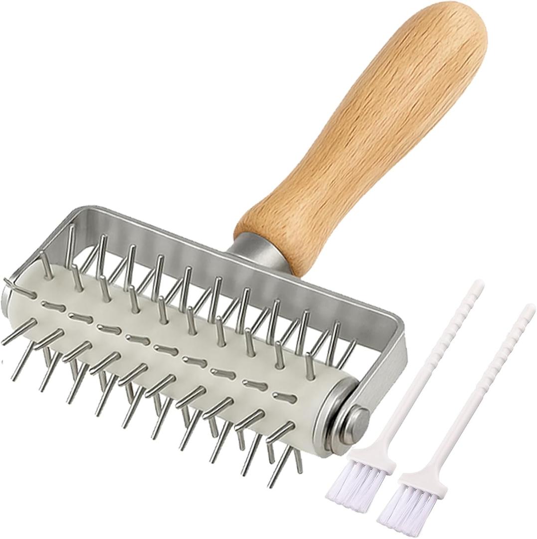 Pizza Dough Docker Roller Stainless Steel, Pin Puncher Dough Hole Maker, Docking Tool for Pizza Pie Cookie Pastry Bread (Wood)