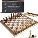 Wooden Magnetic Chess & Checkers Board Game, 15 Folding Chess Board | Solid Wood 2-in-1 Chess Sets for Adults with Storage Box, 2 Extra Queens, Portable Travel Chess Set for Kids & Beginners