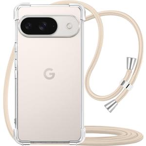 YESPURE for Google Pixel 9 Clear Strap Case Adjustable Cord Neck Shoulder Crossbody Mobile Phone Cover Transparent Durable Soft Slim Cover Women Shockproof Protective Phone Case for Pixel 9 - Beige