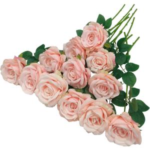 ATFL Blush Flowers,12 Pcs Blush Pink Roses,Light Pink Artificial,Flower Diameter 4'',Artificial Roses with Stems for Wedding Arrangement Centerpieces Party Home Table Decorations(Blush Pink)