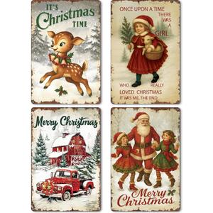 4 Pcs Vintage Christmas Wall Sign Metal Red Truck Little Girl Plaque Sign Decorations Santa Claus Elk Wall Art for Home Coffee Shop Retro Christmas Decor, 8 x 12 Inch