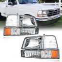 Headlights for 92-96 Ford F150 F250 F350 Bronco 1992 1993 1994 1995 1996 Replacements Assembly Chrome Housing Amber Reflector