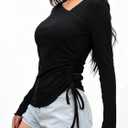 Womens Long Sleeve Rib Knit Top 2025 Asymmetrical V Neck Slim Fit Thin Shirt with Adjustable Drawstring Fall Casual Basic (Black)