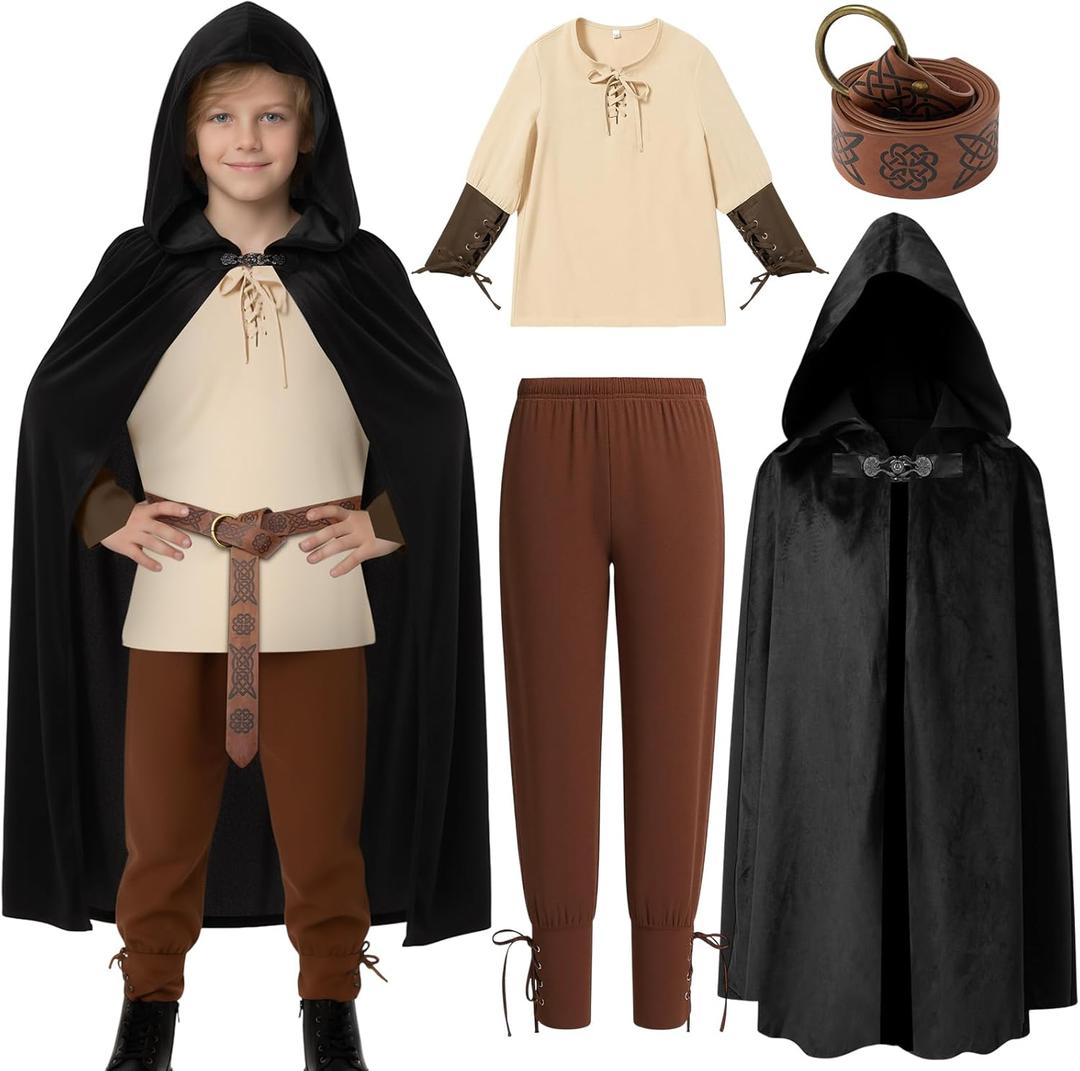 4 PCS Renaissance Costumes Outfit Pirate Medieval Viking Costume Hooded Cape Belt for Halloween Cosplay (6-8 Years, Mixed Color)