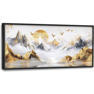 Extra Large Framed Abstract Mountain Wall Art,Golden Silver Sun Bird Wall Decor,Mountain Landscape Pictures for Living Room,Canvas Print Painting Modern Artwork Bedroom Office Bathroom 60L x30W