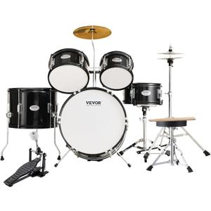 VEVOR Drum Set for Kids, Beginner Junior Drum Kit with Adjustable Throne, Sticks, Cymbal, Pedal, Tom Snare Bass, Starter Drumset for Children (Black, 5-Piece, 16 in)
