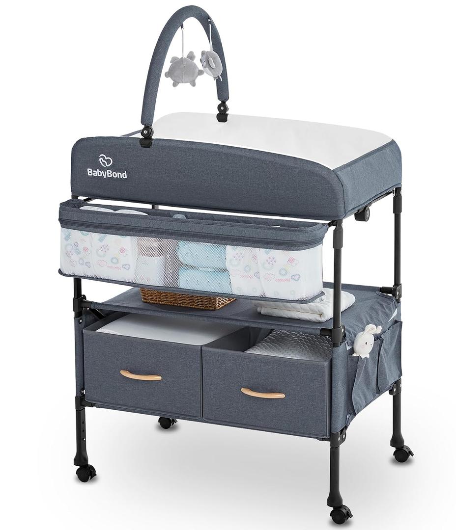 BabyBond Portable Baby Changing Table with 2 Storage Baskets, Foldable Changing Table Dresser Diaper Changing Table Height Adjustable Changing Station for Infant and Newborn (Grey)