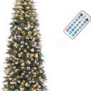 YITAHOME 6FT Pre-Decorated Pencil Christmas Tree w/Remote, Partially Flocked & Frosted Slim Prelit Artificial Hinged Xmas Tree w/ 618 Tips, 50 Pine Cones, 250 Warmwhite & Multi-Color Lights, 11 Modes