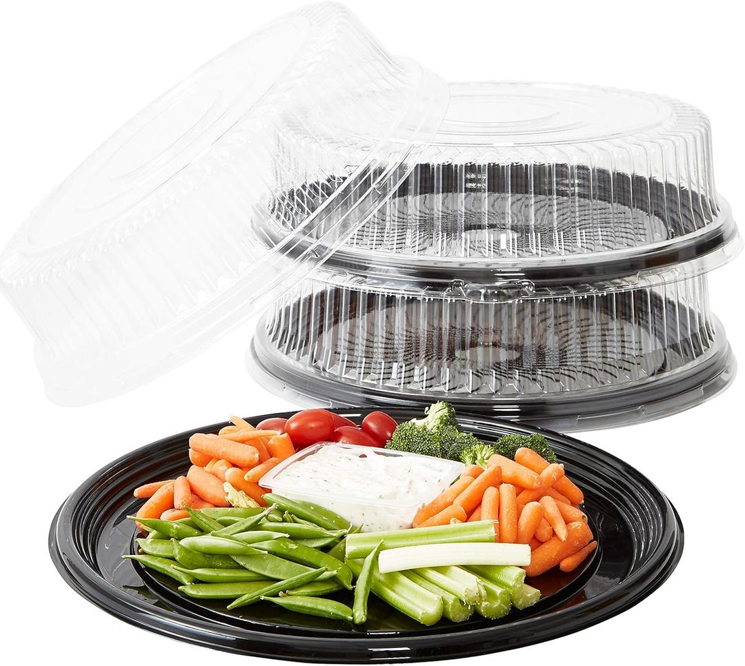 Heavy Duty, Recyclable 16 In. Serving Tray and Lid 3pk. Large, Black Plastic Party Platters with Clear Lids. Elegant Round Banquet or Catering Trays for Serving Appetizers, Sandwich and Veggie Plates