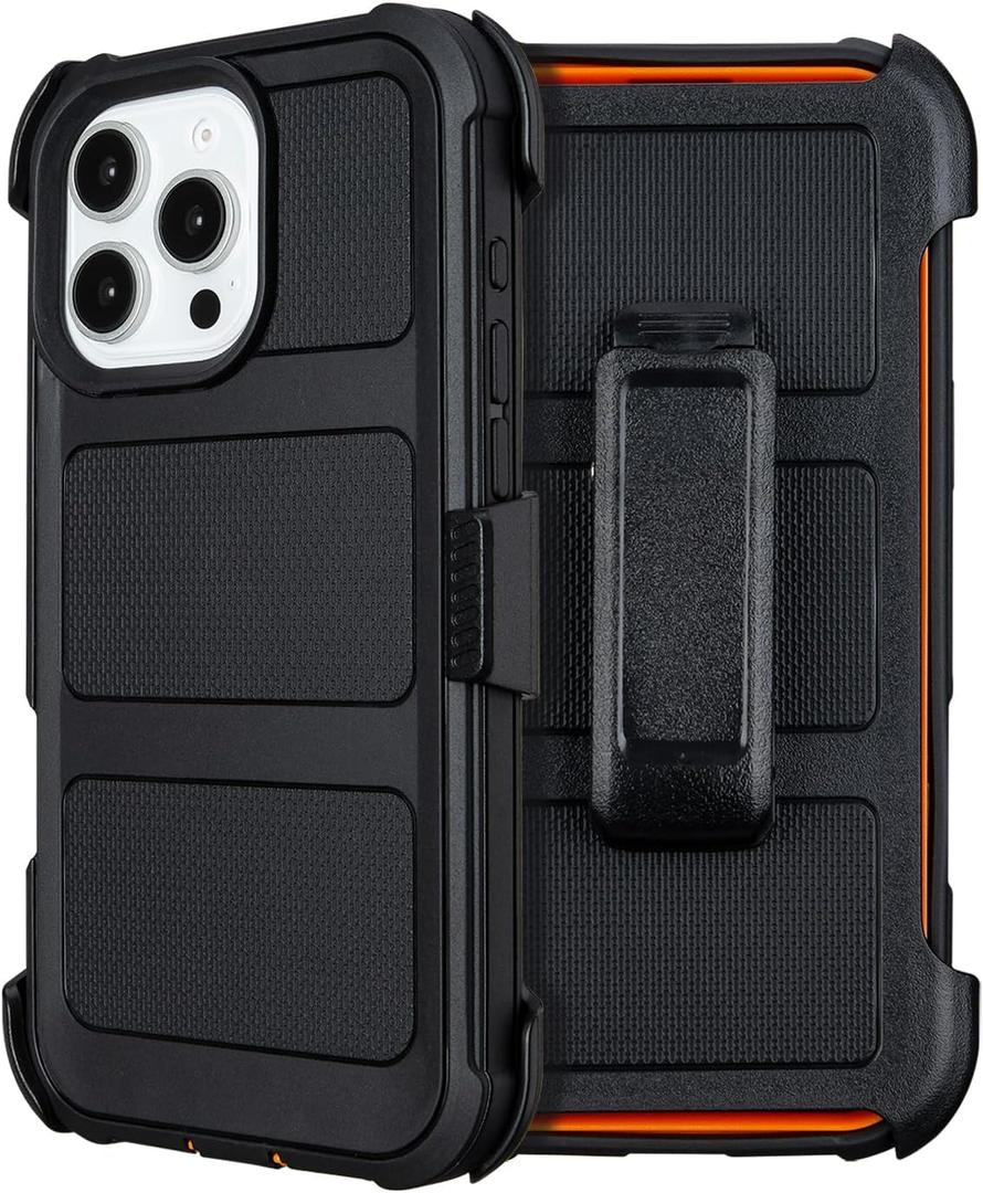 for Defender Phone Case iPhone 16 Pro Case with Clip Holster,Heavy Duty Rugged Full-Body Protective,3 Layers of Sturdy,Military-Grade Shockproof Cover for iPhone Pro 16 Case Defender(Black & Orange)