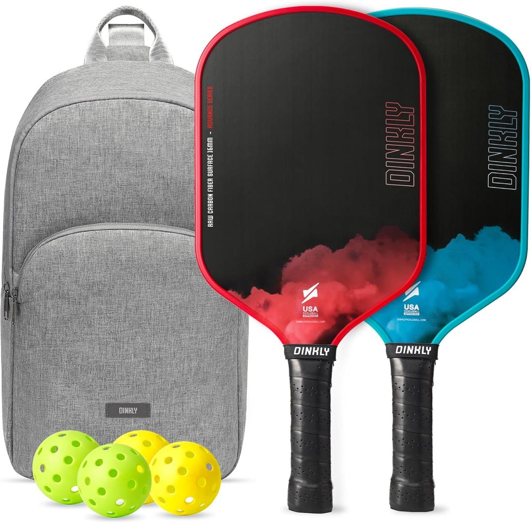 Raw Carbon Pickleball Paddles Set of 2/4, T700 Carbon Fiber Rackets with 16MM Honeycomb Polymer Core, 4 Balls and 1 Portable Carry Bag, USAPA Approved Pickleball Set for Men, Women (2 Red & Blue)