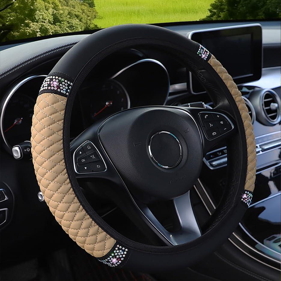 Microfiber Leather Steering Wheel Cover with Anti-Slip Lining Universal Car Accessory for Steering Wheel with a Diameter of 14.5-15 inch (Beige)