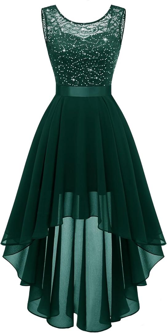 BeryLove Sequin Wedding Guest Formal Cocktail Dresses Prom Party Lace High Low Bridesmaid Elegant Dress (X-Large)