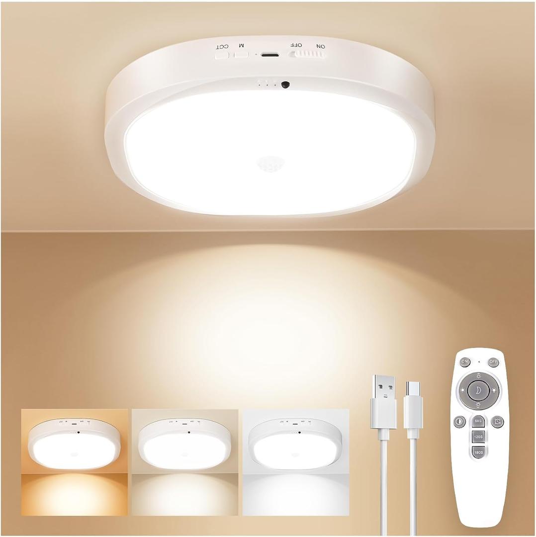 Rechargeable Motion Sensor Ceiling Light Indoor, Cordless Closet Light with 10000mAh Battery, 3 Color Temperatures, 550LM Motion Activated Light for Closet,Shower,Stairs,Pantry,Remote Control, 1 Pack