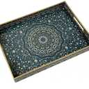 Plastic Serving Tray with Handles,Large Ottoman Tray for Living Room,Large Rectangle Trays for Ottoman Coffee Table,Decorative Blue Boho Serving Trays for Home Decor,16" x 12"