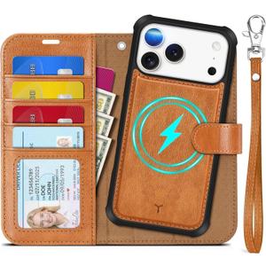 TUCCH Compatible with iPhone 17 Pro Max Detachable Wallet Case with 4 Card Holder, Wireless Charging PU Leather Flip Folio with RFID Blocking Stand Wrist Strap Shockproof Cover, Textured Light Brown