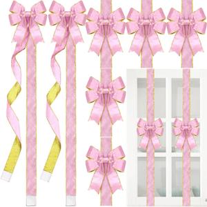 XunYee 8 Pcs Glitter Large Christmas Cabinet Ribbons Bows Thick Velvet Festive Xmas Bow Edge Burlap Door Decoration for Christmas Tree Fireplace Kitchen Gift Wrapping(Pink)