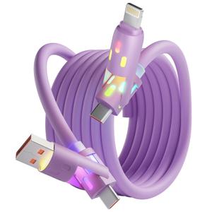 240W 4 in 1 charging cable USB C Cable,USB C Cable Fast Charging & Data Sync,Multi USB Charging Cable with Breathing Light,Charger Cord for iPhone 16/15 iPad Galaxy MacBook iPad Tablets,Purple 5Ft