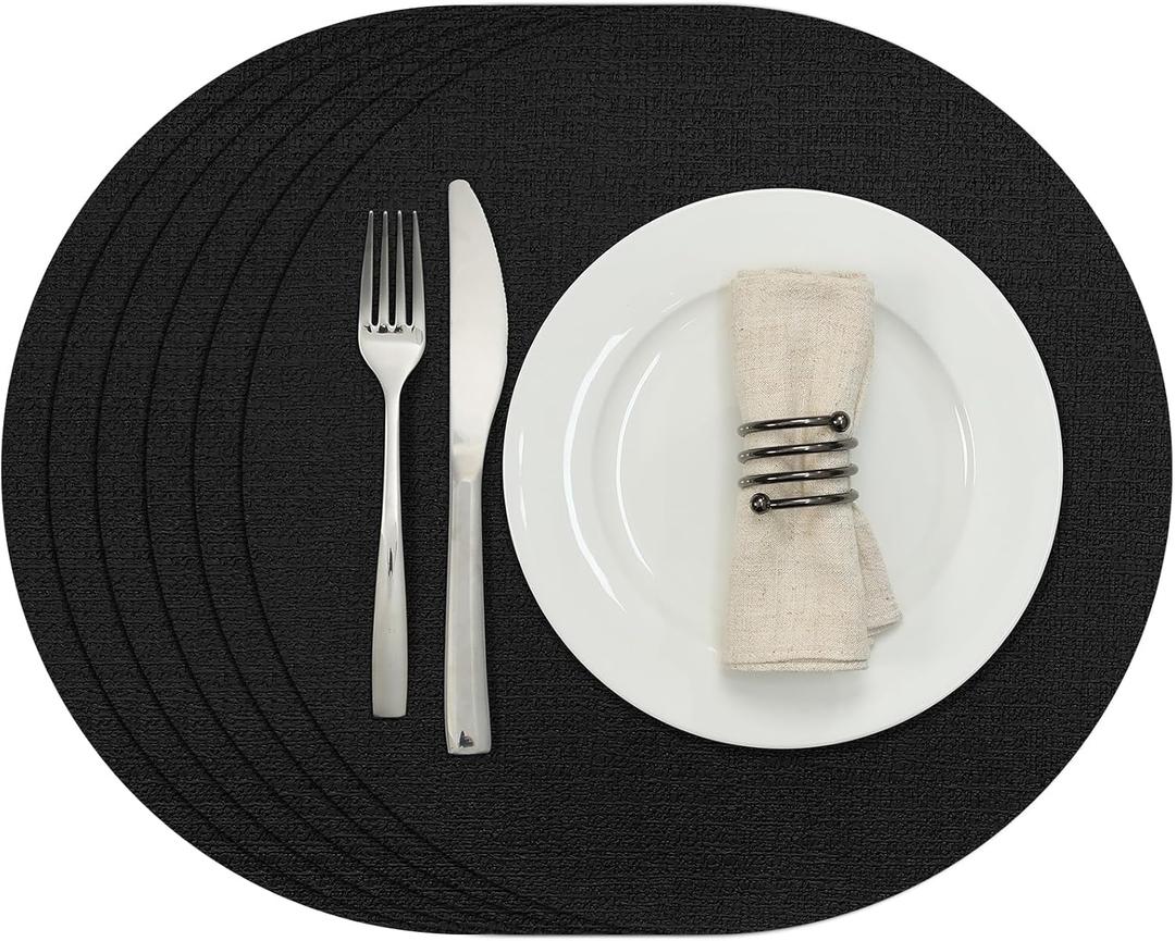 Myir JUN Round Placemats, Dual Sided Faux Leather Place Mats Set of 6 Indoor/Outdoor Non-Slip Washable Table Mats (Black, 6 Pack) Myir JUN Round Placemats, Dual Sided Faux Leather Place Mats Set of 6 Indoor/Outdoor Non-Slip Washable Table Mats (Black, 6 Pack)