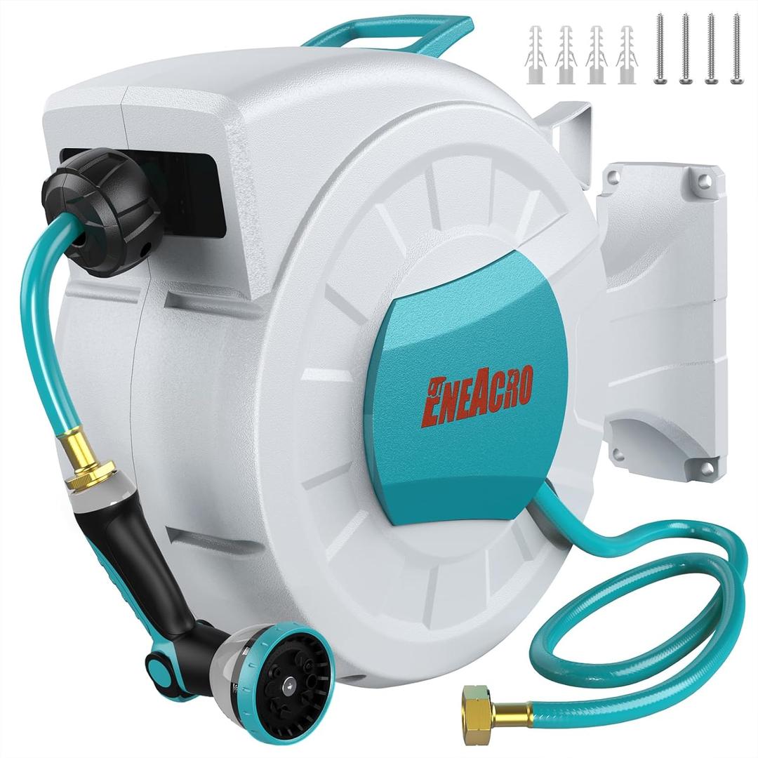 ENEACRO Retractable Garden Hose Reel with Wall Mount 1/2"100ft with 10 Pattern Hose Nozzle, Brass Connector, Auto Rewind/Any Length Lock/ 180 Swivel Bracket, Ideal for Garden Watering
