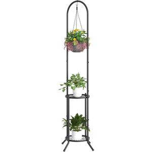 BMOSU Plant Stand with Hooks Indoor Outdoor Corner Tall Plant Stand Heavy-Duty Metal 3-Tier Plant Shelf Holder Rack for Patio Garden Balcony Living Room Bedroom(circular Black)