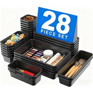 A-LuGei 28PCS Drawer Organizer, Bathroom Organizers and Storage, Makeup organizer, Desk drawer organizer, Storage Bins for Kitchen Office Bedroom Vanity Jewelry Pantry GarageBlack4Size (Black)
