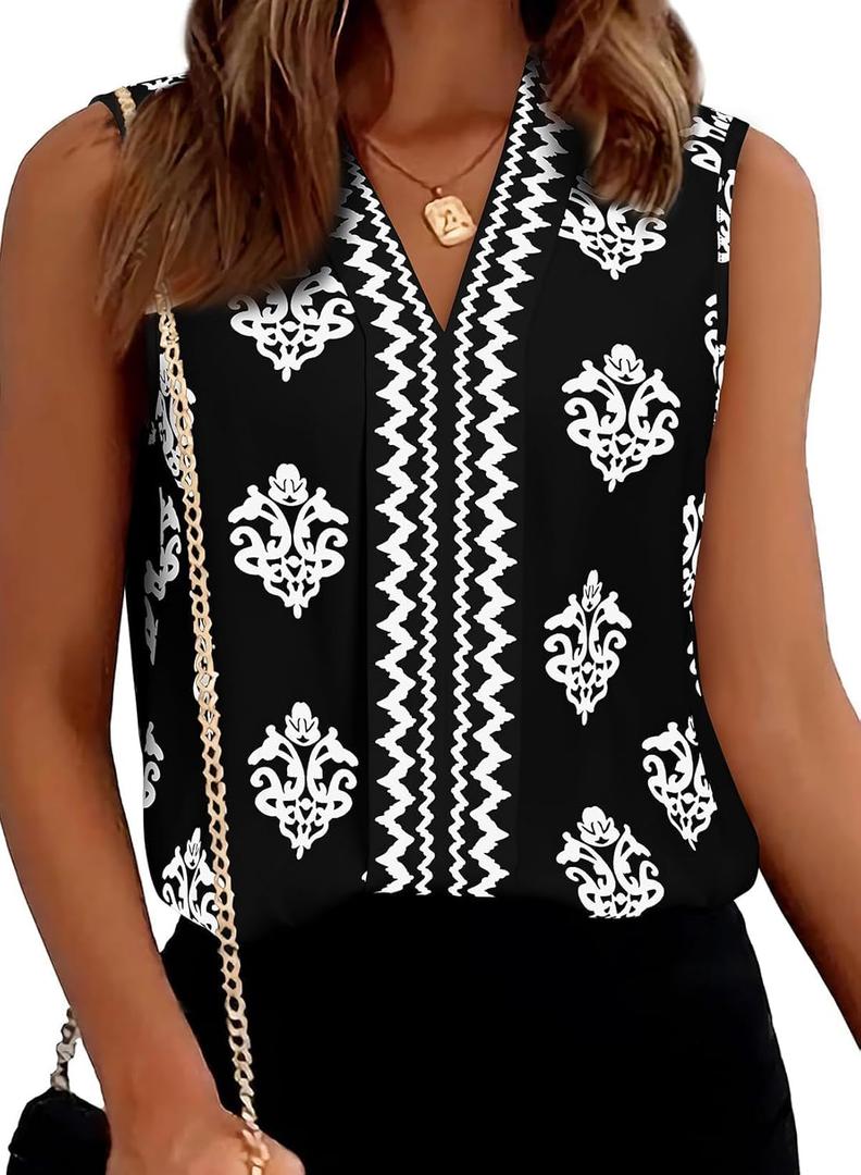 BLENCOT Women's Chiffon V Neck Sleeveless Floral Printed Tank Tops Summer Office Work Blouse Black S