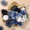 Dusty Blue Roses Silk Artificial Flowers Combo for DIY Bouquet Centerpieces Floral Arrangements, Navy Blue White Faux Flower with Stem Multi Use Wedding Party Home Decorations
