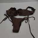 ZAFUL Women's Cinched Bikini Solid Color Wave Textured Knotted Tied Side Two Piece Swimsuit Bathing Suits (Medium, Brown)