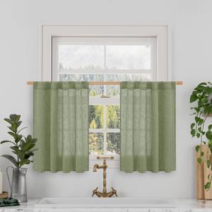 LAMIT Short Linen Window Curtains 30 Inches Long 2 Panels, Sage Green Semi Sheer Light Filtering Panels Back Tab and Rod Pocket Neutral Drapes for Basement/Small Windows, 34 x 30 Inch