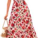 PRETTYGARDEN Women's 2025 Summer Floral Midi Dress Cap Sleeve V Neck Ruffle Long Flowy Boho Casual Beach Vacation Dresses (Medium, Floral Orange Pink Red)