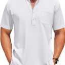 COOFANDY Men's Casual Henley Shirt Short Sleeve Summer Beach Band Collar Shirt Hippie Henley T-Shirts with Pocket (L)