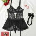 Alrovetoney Women Lingerie with Garter Belt 4pcs Set Lace Contrast Mesh Bodysuit Ruffle Garter Belt Skirt With Stockings (Black, XXL)