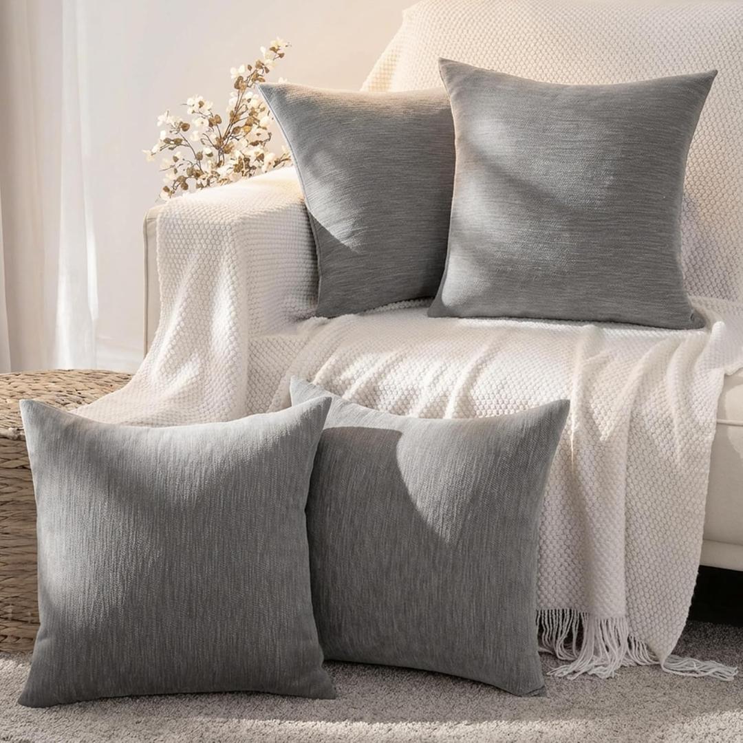 Set of 4 Grey Throw Pillow Covers 24x24 Inch, Neutral Boho Farmhouse Aesthetic Decorative Pillow Cases for Couch, Sofa, Living Room & Bed, Soft Chenille Pillow Cases, Stylish Home Decor, 60x60 cm