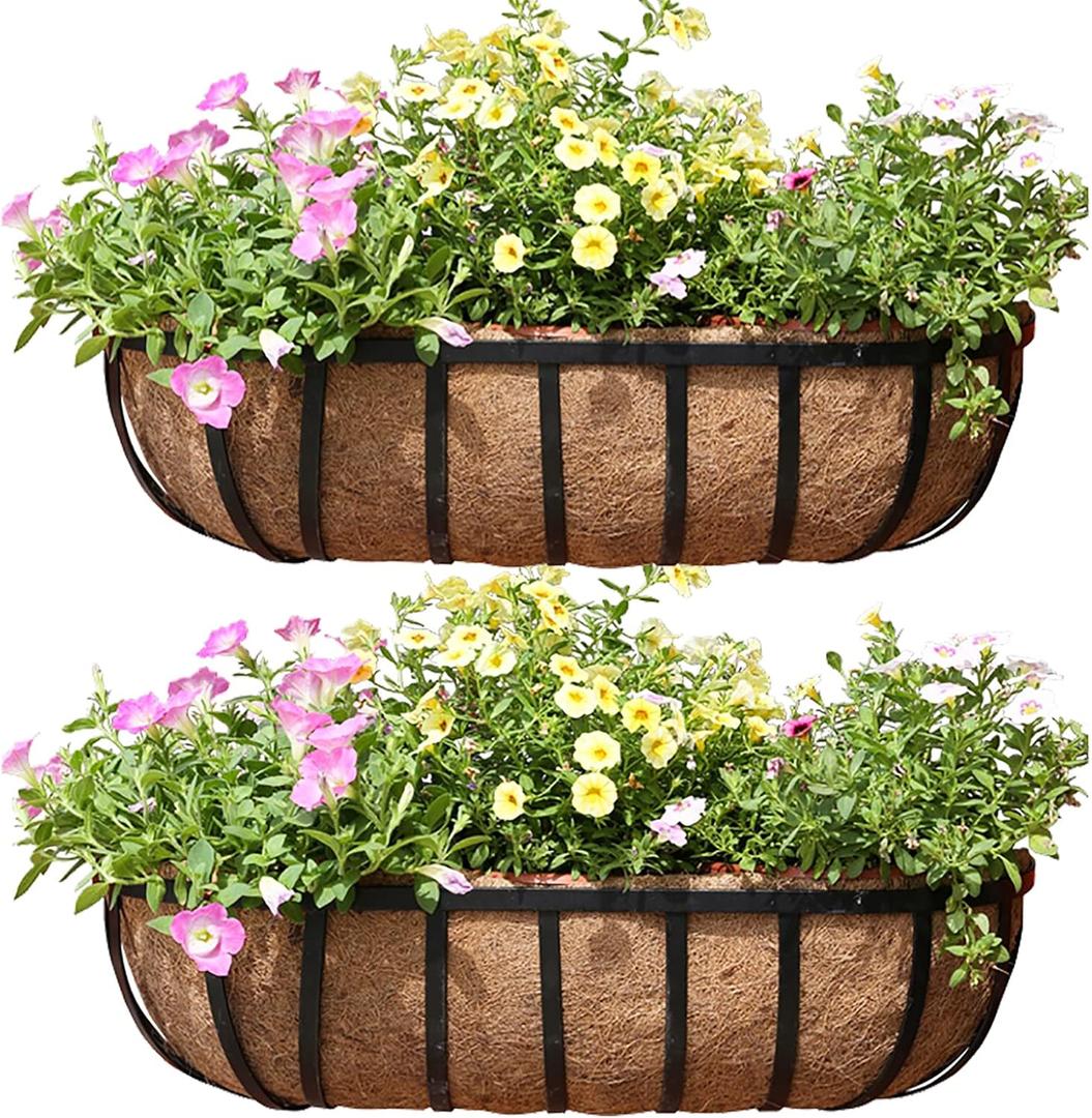 36 Inch Railing Window Box Deck Balcony Rail Planter With Coco Liner - Metal Wall-Mounted Coconut Liner Basket English Horse Trough for Outdoor Balcony Porch Fence Patio (2 Pack)