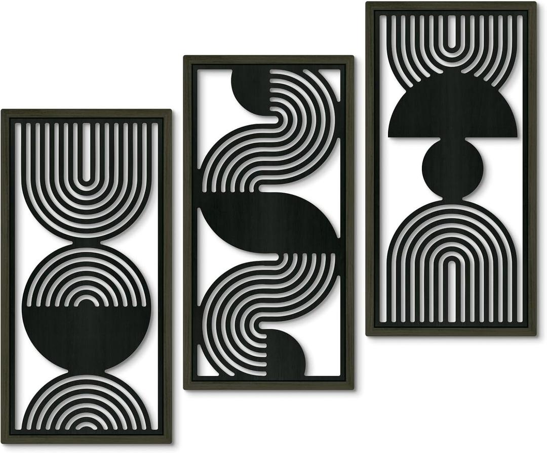 Putuo Decor Modern Minimalist Wall Art Set of 3, Black and Gray MDF Cut-Out Geometric Line Panels, Abstract Vertical Art for Living Room Bedroom Office Wall Decor