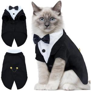 DENTRUN Cat Tuxedo Outfit, Sphynx Cat Costume Formal Suit with Bow Tie, Stylish Cat Shirt Fashion Apparel Fancy Clothes, Kitten Formal Attire Wedding Onesie Costume for Cats Only (Black)