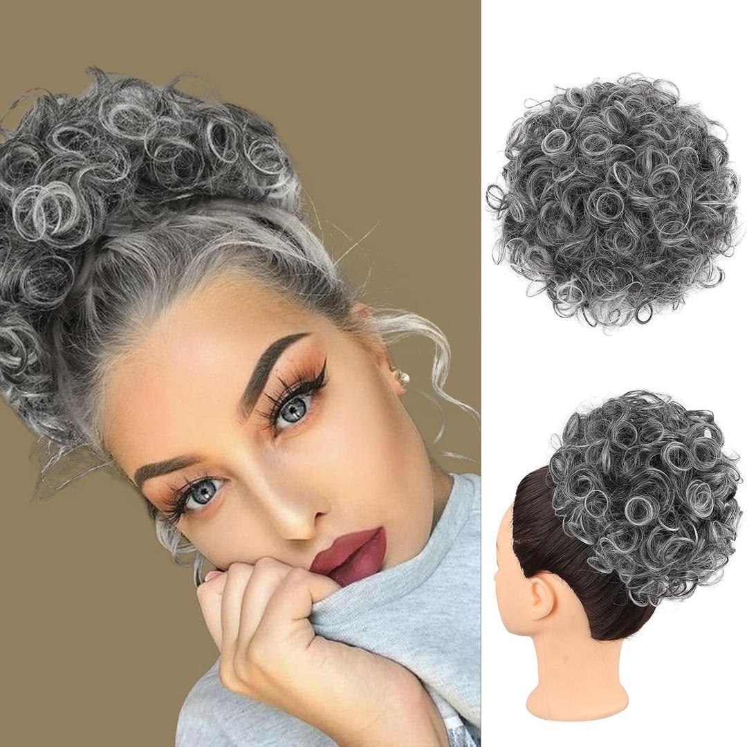 Matthia Messy Hair Bun Hair Piece Drawstring Ponytail for Black Women Large Curly Bun, Short Synthetic Salt and Pepper Hair Bun Extensions Curly Messy Updo Hair Piece for Women Daily Use(1B/Grey#)