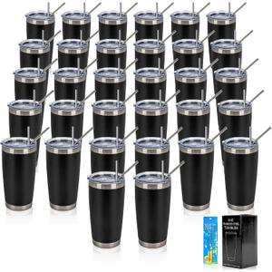 IEOVIEE 32 Pack, 20oz Stainless Steel Bulk Tumblers with Lids and Straws, Double Wall Insulated Travel Coffee Mug, Durable Powder Coated Tumbler Bulk Cup for Cold and Hot Drinks(Black)