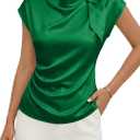 EVALESS Satin Blouses for Women Dressy Casual Trendy Business Work Silk Tops Outfits Cowl Neck Bow Tie Pleated Summer Shirts, S