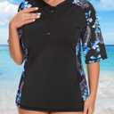 LURANEE Plus Size Swimsuit with Sleeves,Short Sleeve Swimsuit with Front Zipper UV Protection Swimwear for Swimming Diving Snorkeling Surfing Blue Floral (Black, XL)