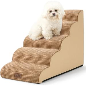 COZY KISS Dog Stairs for High Bed 22.6" H, Small Dog Step for Puppy, Older or Cat, Curved Ramp for Car, Ladder with High Density Foam, Lightweight, Durable, 5 Step, 15.7x33x22.6 inch, Light Brown